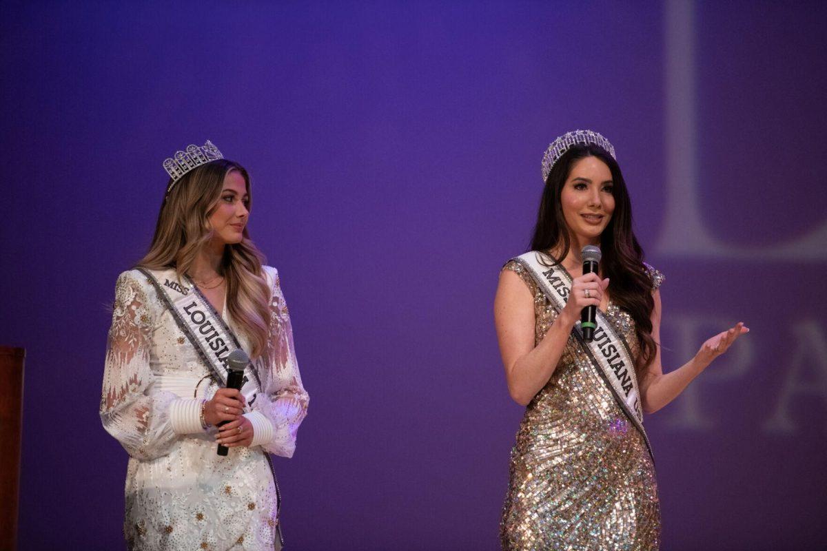 Miss Louisiana Teen 2023 Averi Blyss Crawford and Miss Louisiana 2023 Sylvia Masters make a special appearance Sunday, March 24, 2024, during Delta Zeta's Miss LSU 2024 Pageant in the Union Theater in Baton Rouge, La.