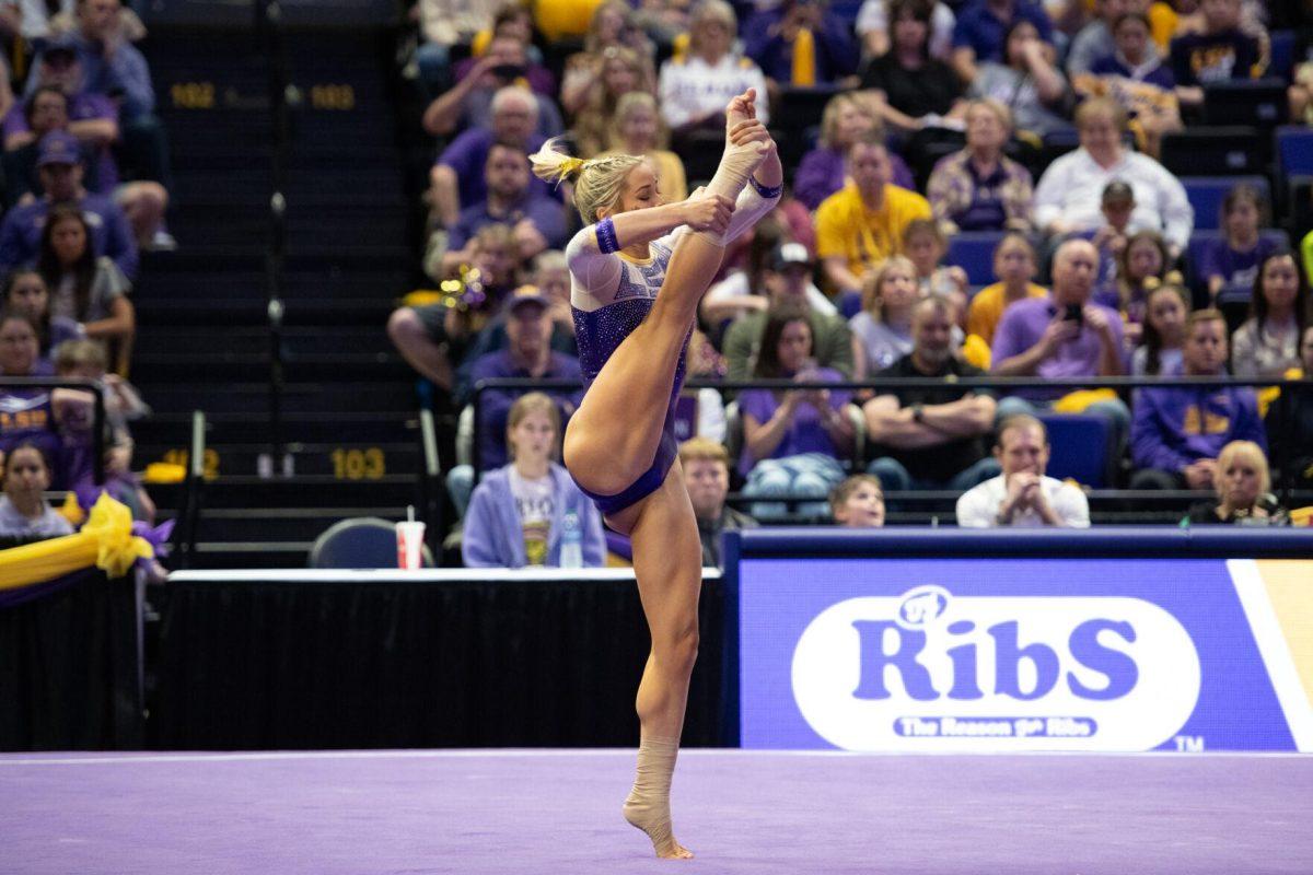 LSU gymnastics senior all-around Olivia Dunne twirls Friday, March 15, 2024, during LSU's 198.250-196.075 win against North Carolina at the Pete Maravich Assembly Center in Baton Rouge, La.