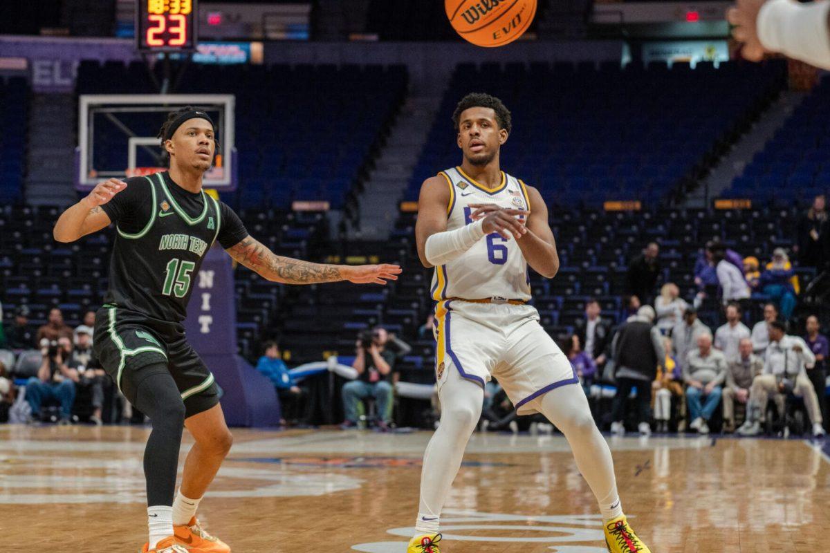 LSU men&#8217;s basketball graduate student guard Jordan Wright (6) passes the ball Tuesday, March 19, 2024, during LSU&#8217;s 84-77 loss to the University of North Texas at the PMAC in Baton Rouge, La.