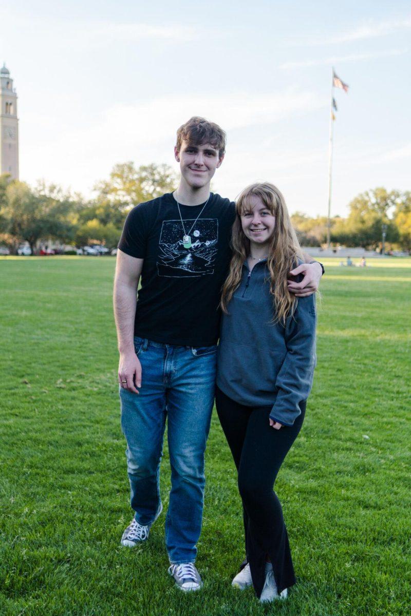 LSU mass communication junior Sydney Smith and political science junior John Michael Sweat pose for a photo Wednesday, March 6, 2024, on the LSU Parade Ground in Baton Rouge, La.