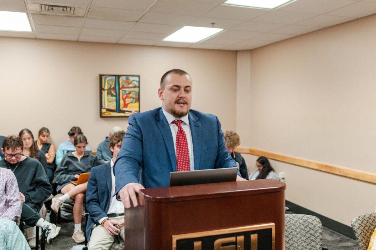 John-Michael Shiner makes the case for the Energize campaign Monday, March 25, 2024, inside the LSU Student Union.