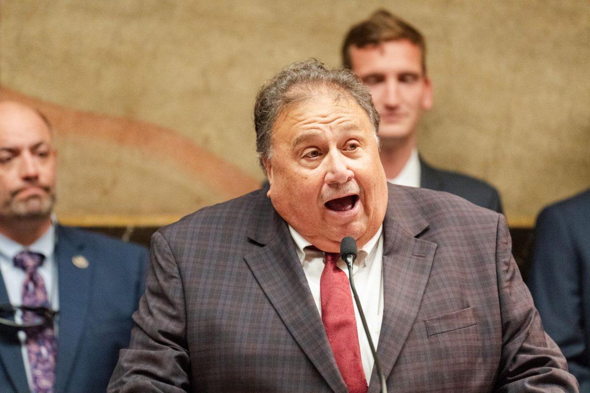 Louisiana Coastal Protection and Restortation Authority Chairman Gordon Dove speaks at the podium Monday, March 25, 2024, during Coastal Day 2024 at the State Capitol in Baton Rouge, La.