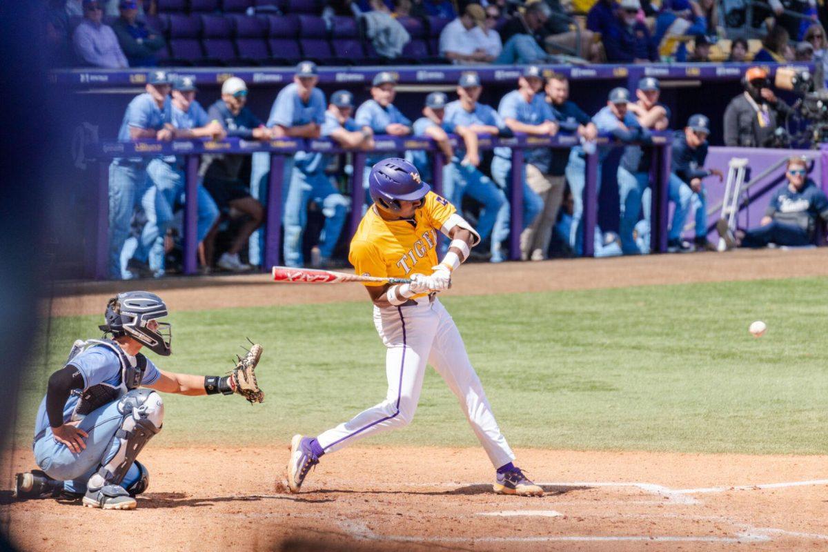 LSU baseball junior shortstop Michael Braswell III (10) swings for the ball Sunday, March 10, 2024, during LSU's 2-1 loss to Xavier in Alex Box Stadium in Baton Rouge, La.