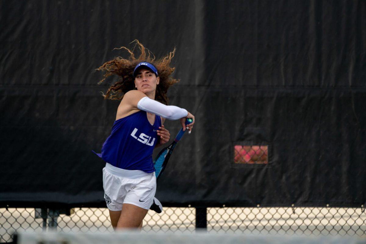 LSU women's tennis graduate student Maya Tahan hits a forehand during her 6-4 doubles win against ULM Sunday, March 3, 2024, at the LSU Tennis Complex on Gourrier Avenue in Baton Rouge, La.