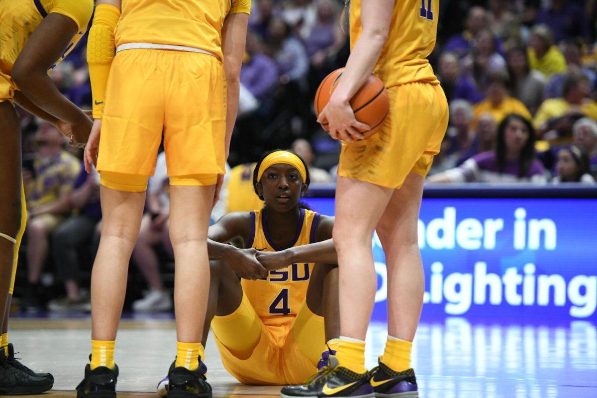 LSU women&#8217;s basketball sophomore guard Flau&#8217;jae Johnson (4) sits on the court Sunday, March 3, 2024, during LSU&#8217;s&#160;77-56 win against Kentucky at the Pete Maravich Assembly Center in Baton Rouge, La.