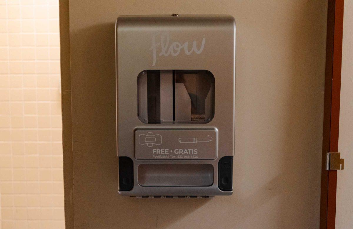 A period product box hangs on the wall of the women's restroom Sunday, March 24, 2024, in the LSU Library.