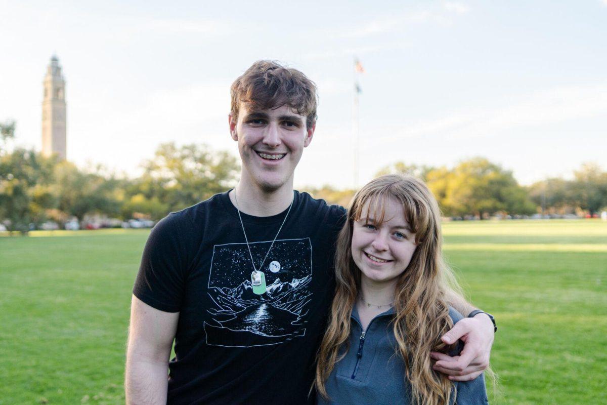 LSU mass communication junior Sydney Smith and political science junior John Michael Sweat pose for a photo Wednesday, March 6, 2024, on the LSU Parade Ground in Baton Rouge, La.