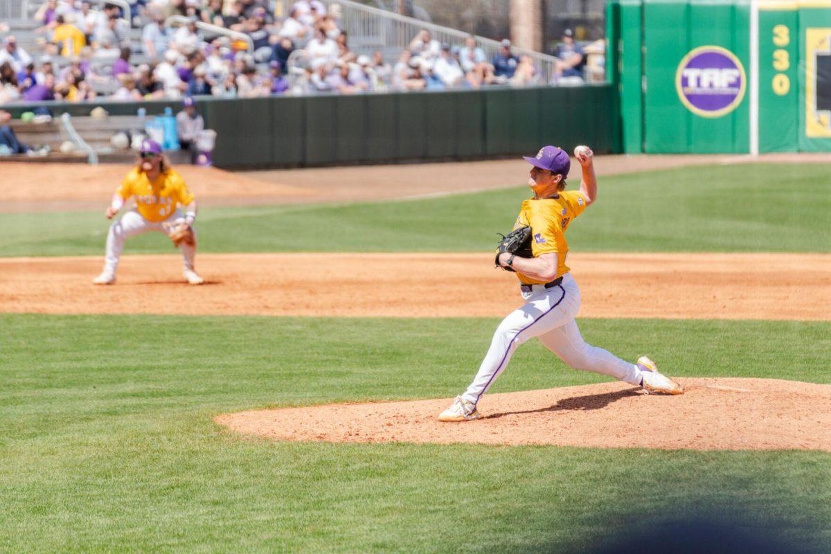 LSU baseball junior pitcher Thatcher Hurd (26) throws the ball Sunday, March 10, 2024, during LSU's 2-1 loss to Xavier in Alex Box Stadium in Baton Rouge, La.