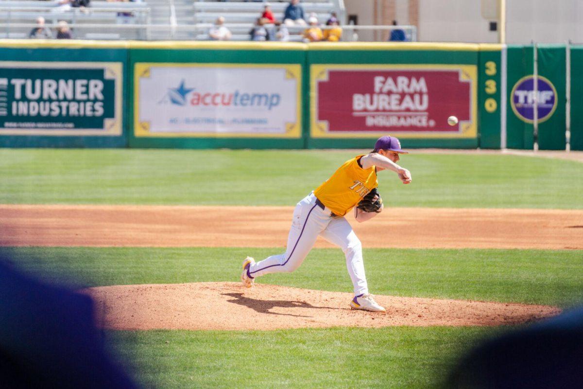 LSU baseball junior pitcher Thatcher Hurd (26) throws the ball Sunday, March 10, 2024, during LSU's 2-1 loss to Xavier in Alex Box Stadium in Baton Rouge, La.