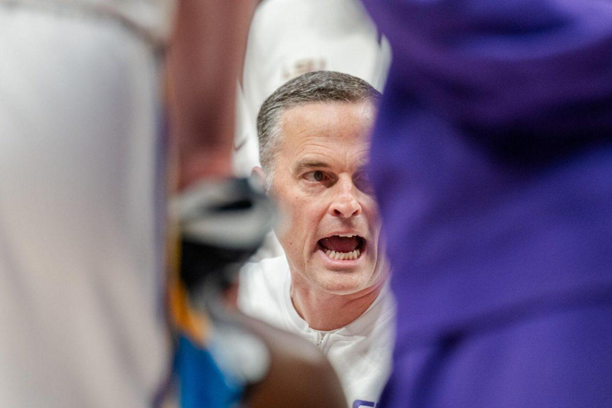 LSU men's basketball head coach Matt McMahon yells at the team Tuesday, March 19, 2024, during LSU&#8217;s 84-77 loss to the University of North Texas at the PMAC in Baton Rouge, La.