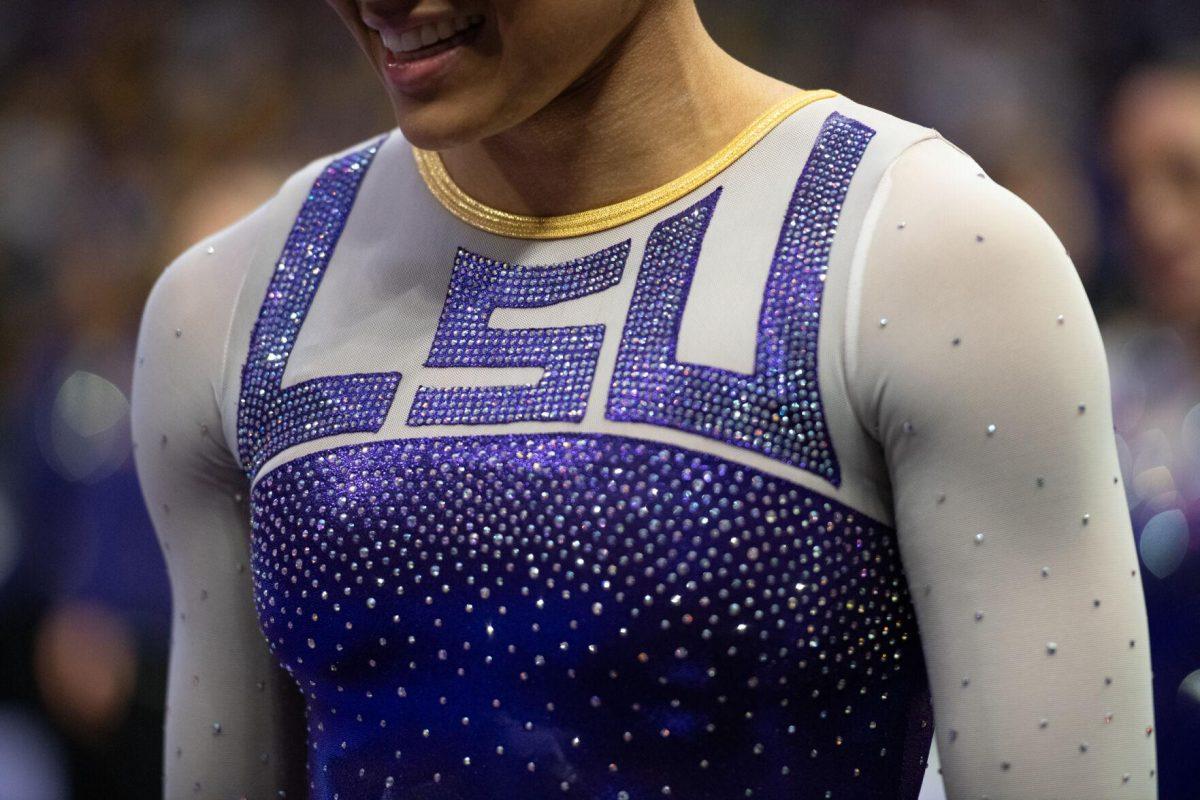 An LSU gymnastics leotard sparkles Friday, March 15, 2024, before LSU's 198.250-196.075 win against North Carolina at the Pete Maravich Assembly Center in Baton Rouge, La.