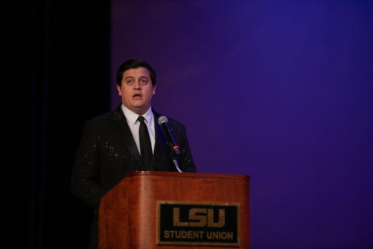 Host and former LSU graduate Dixon Wallace McMakin emcees the competition Sunday, March 24, 2024, during Delta Zeta's Miss LSU 2024 Pageant in the Union Theater in Baton Rouge, La.