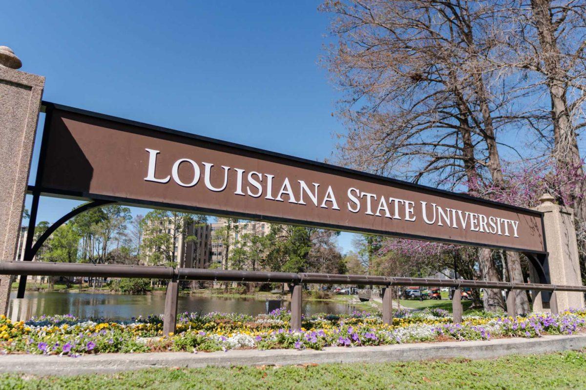 A Louisiana State University sign sits Wednesday, March 6, 2024, near East Parker Blvd. in Baton Rouge, La.