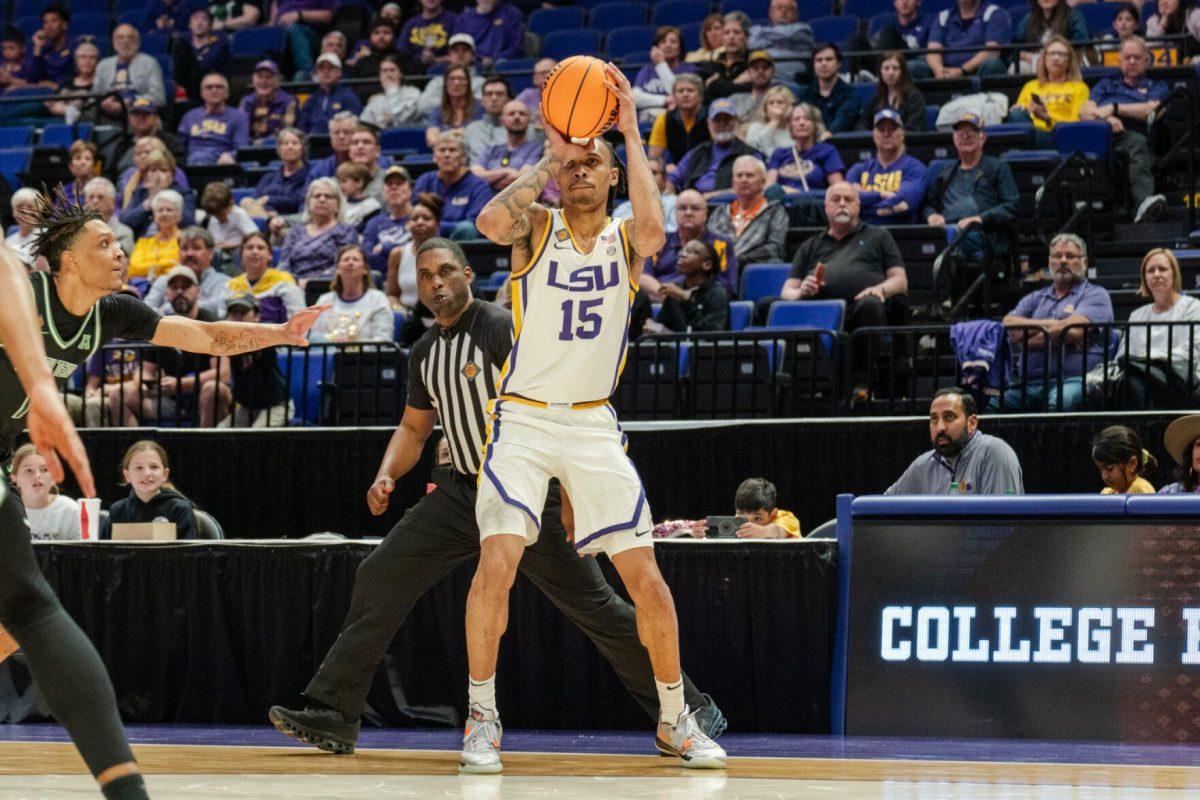 LSU men&#8217;s basketball sophomore forward Tyrell Ward (15) shoots the ball Tuesday, March 19, 2024, during LSU&#8217;s 84-77 loss to the University of North Texas at the PMAC in Baton Rouge, La.