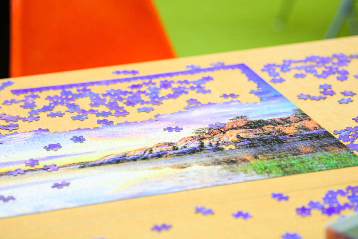 The puzzle sits unfinished on Thursday, March 7, 2024, in the relaxation room in the LSU Library in Baton Rouge, La.