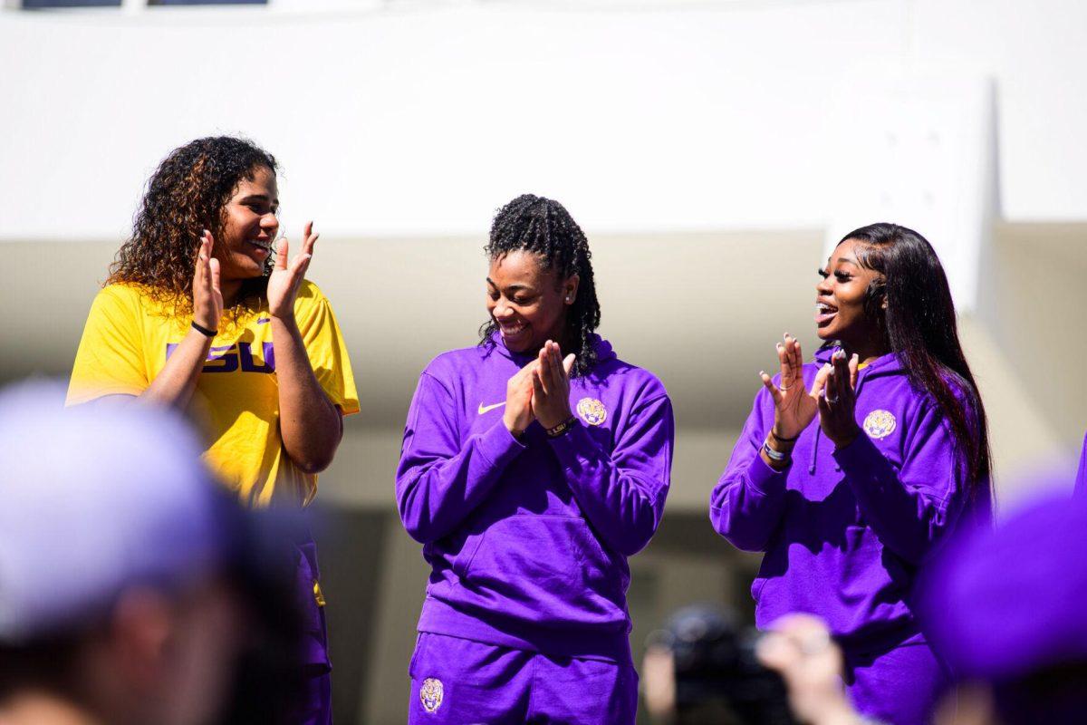 LSU women&#8217;s basketball freshman center Aaliyah Del Rosario, LSU women&#8217;s basketball freshman guard Mikaylah Williams and LSU women&#8217;s basketball junior guard Aneesah Morrow laugh on Wednesday, March 6, 2024, during LSU women&#8217;s basketball&#8217;s send off at the Pete Maravich Assembly Center in Baton Rouge, La.