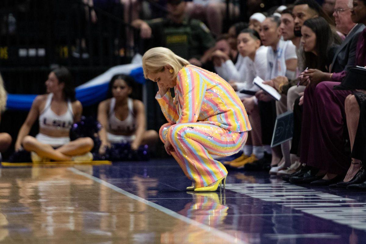 LSU women&#8217;s basketball head coach Kim Mulkey looks down Sunday, March 24, 2024, during LSU&#8217;s 83-56 second-round NCAA tournament win against Middle Tennessee at the Pete Maravich Center in Baton Rouge, La.