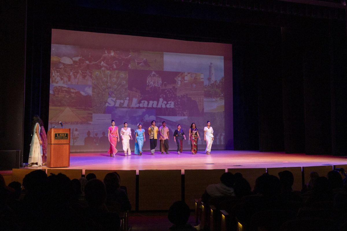 Representatives of Sri Lanka showcase their traditional clothing Wednesday, March 20, 2024, during the International Fusion night in the Union Theater on LSU's campus..