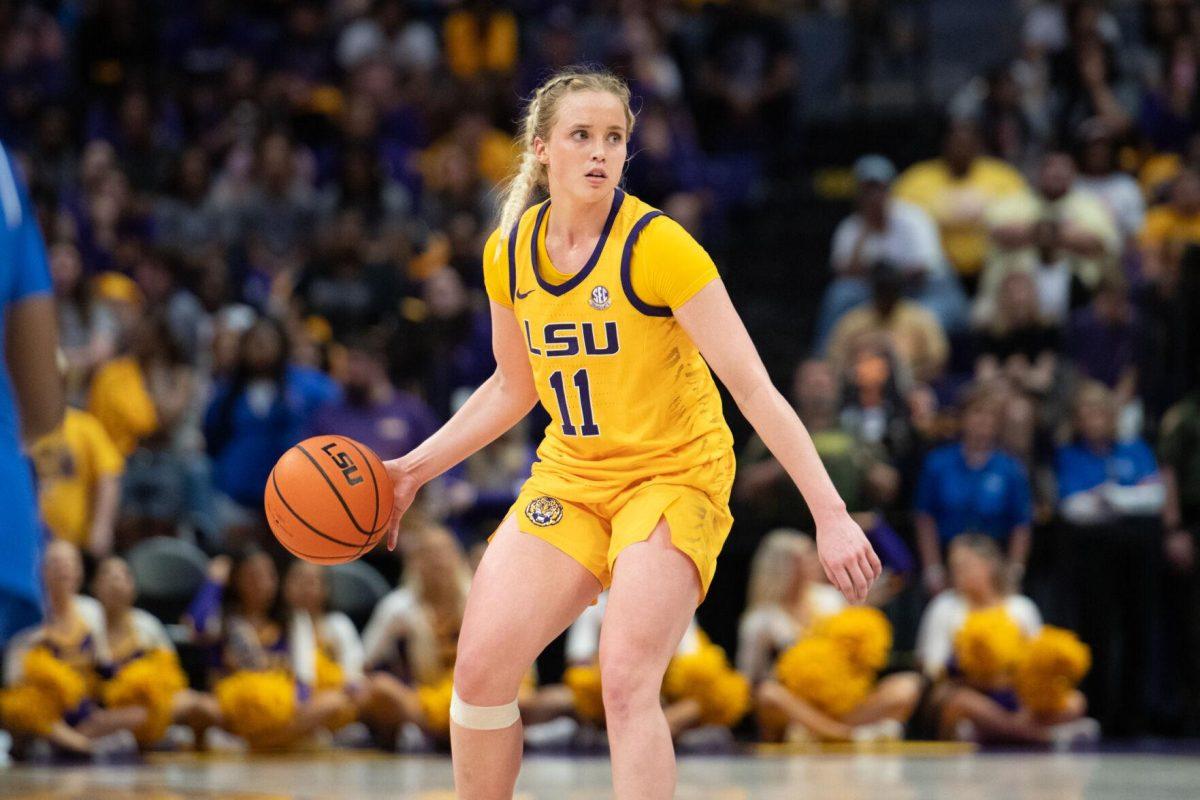 LSU women's basketball graduate student guard Hailey Van Lith (11) dribbles Sunday, March 3, 2024, during LSU&#8217;s 77-56 win against Kentucky at the Pete Maravich Assembly Center in Baton Rouge, La.