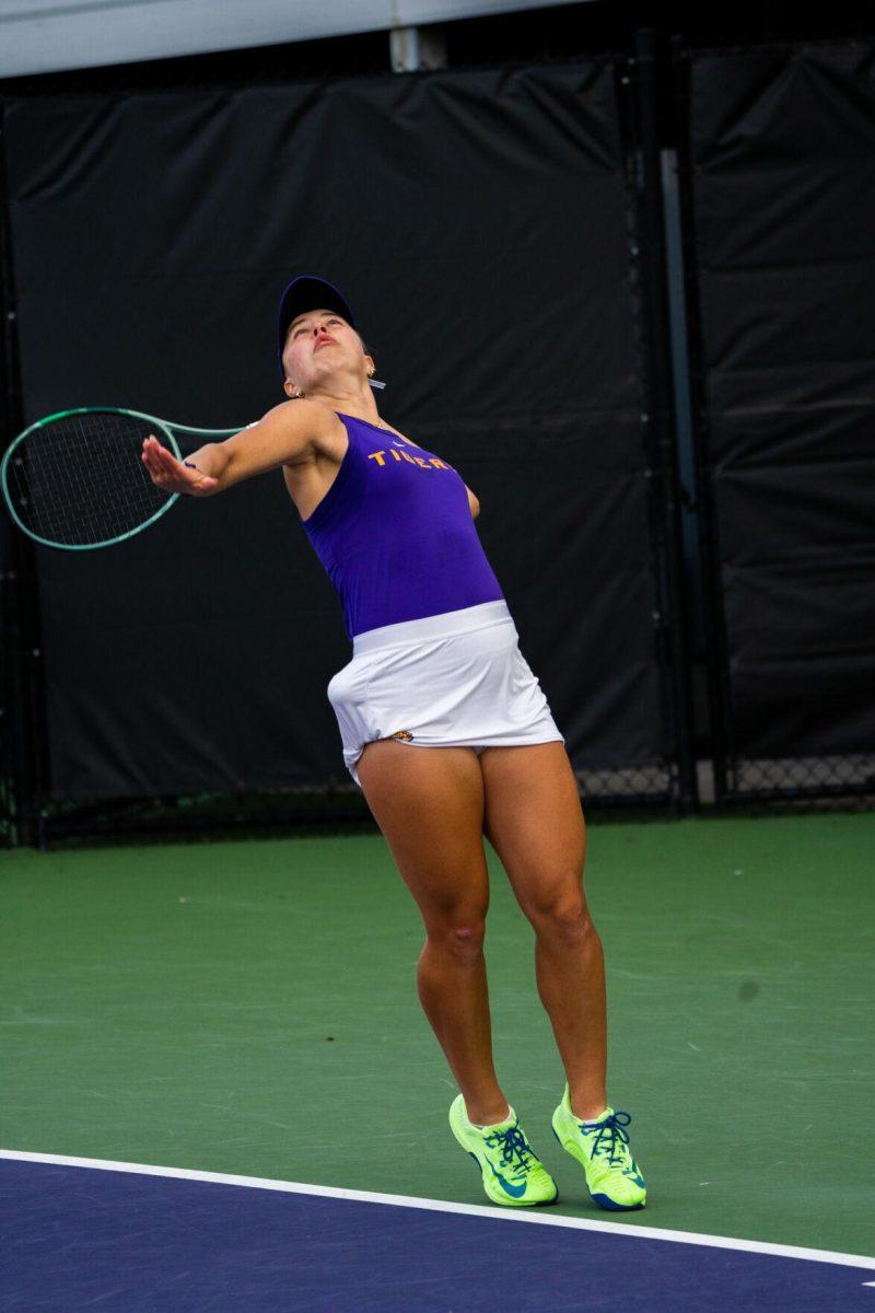 LSU women's tennis junior Anita Sahdiieva hits a serve during her 6-1 doubles win against ULM Sunday, March 3, 2024, at the LSU Tennis Complex on Gourrier Avenue in Baton Rouge, La.