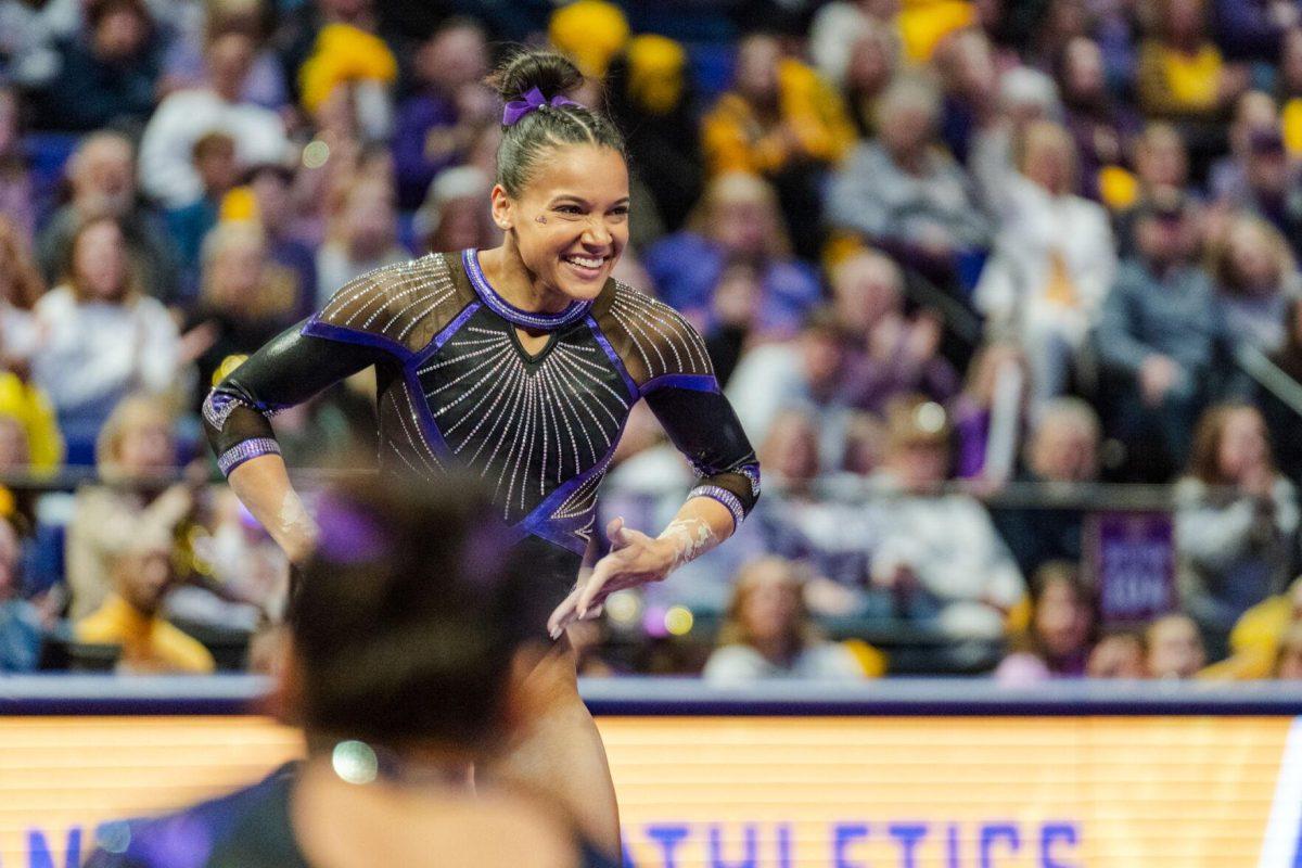 LSU gymnastics all-around senior Haleigh Bryant moves along the floor Friday, March 1, 2024, during LSU&#8217;s 198.325-197.325 win against Alabama in the Pete Maravich Assembly Center in Baton Rouge, La.