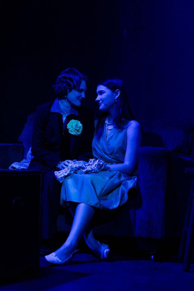 Jane Gatsby (Ava Russell) and Daisy Buchanan (Elyse Nave) stare into each other's eyes in a production of Yearning Sunday, March 3, 2024, in Coates Hall on LSU's campus.