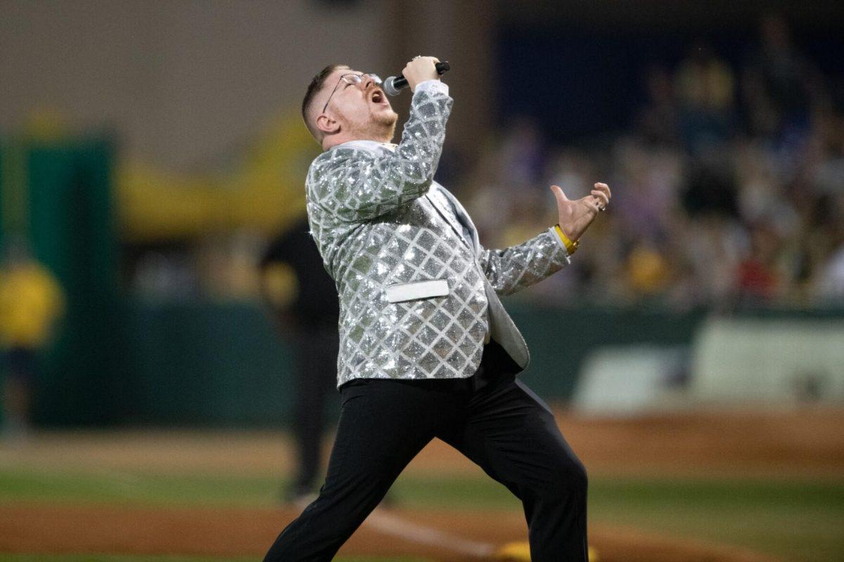 Matt "The Young Professor" Graifer emcees the game Thursday, March 14, 2024, during the Savannah Bananas 5-4 loss to the Party Animals during their world tour stop at Alex Box Stadium in Baton Rouge, La.