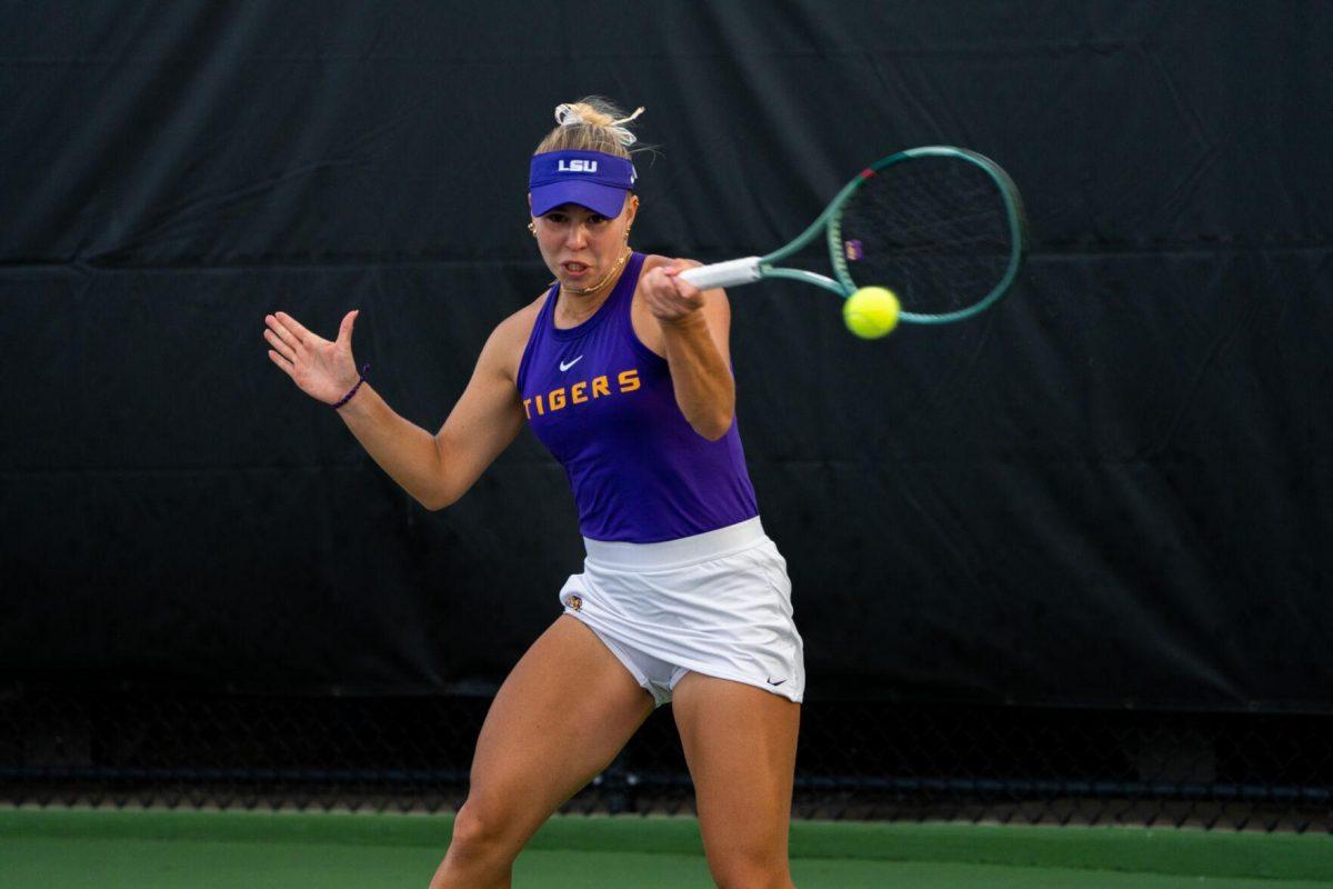 LSU women's tennis junior Anita Sahdiieva hits a forehand during her 6-1 doubles win against ULM Sunday, March 3, 2024, at the LSU Tennis Complex on Gourrier Avenue in Baton Rouge, La.