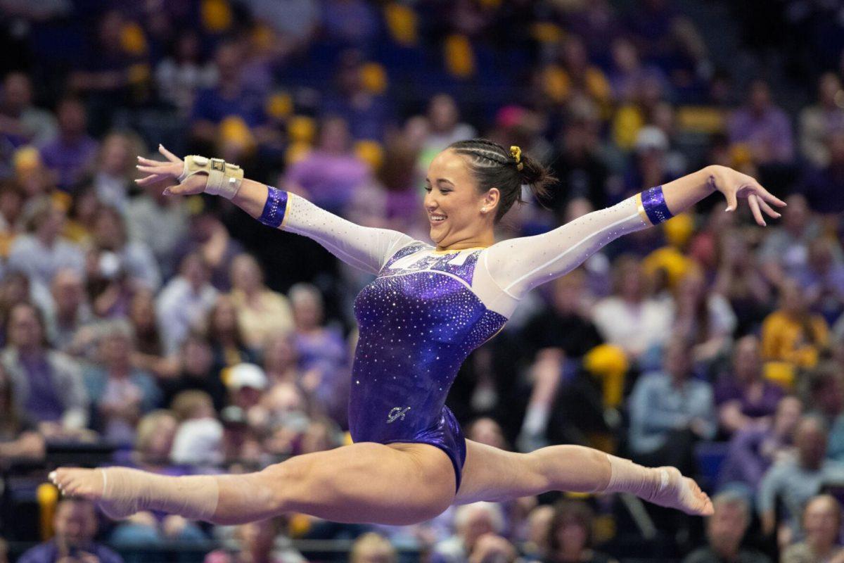 LSU gymnastics junior all-around Aleah Finnegan leaps Friday, March 15, 2024, during LSU's 198.250-196.075 win against North Carolina at the Pete Maravich Assembly Center in Baton Rouge, La.