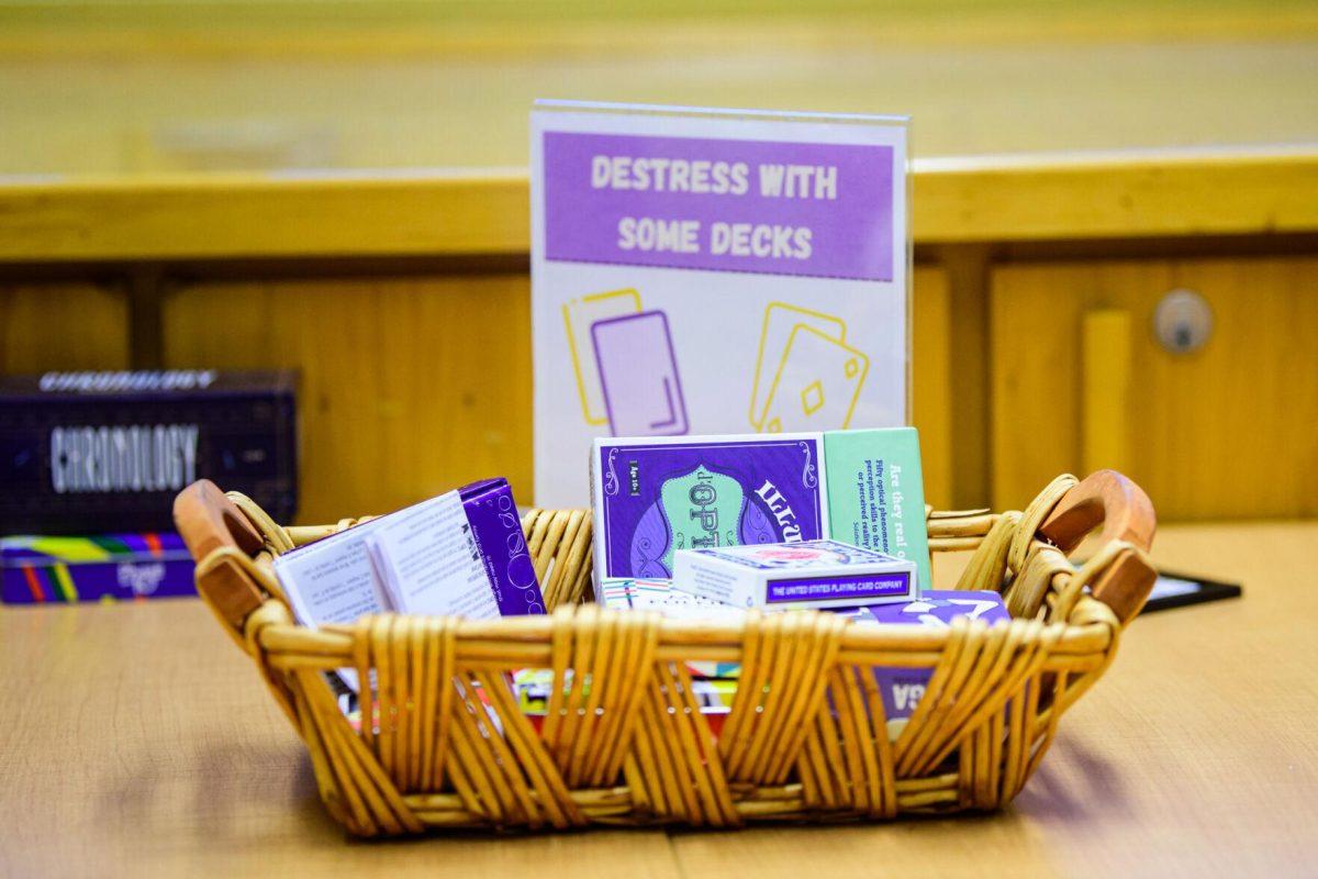 Decks of cards fill the basket on Thursday, March 7, 2024, in the relaxation room in the LSU Library in Baton Rouge, La.