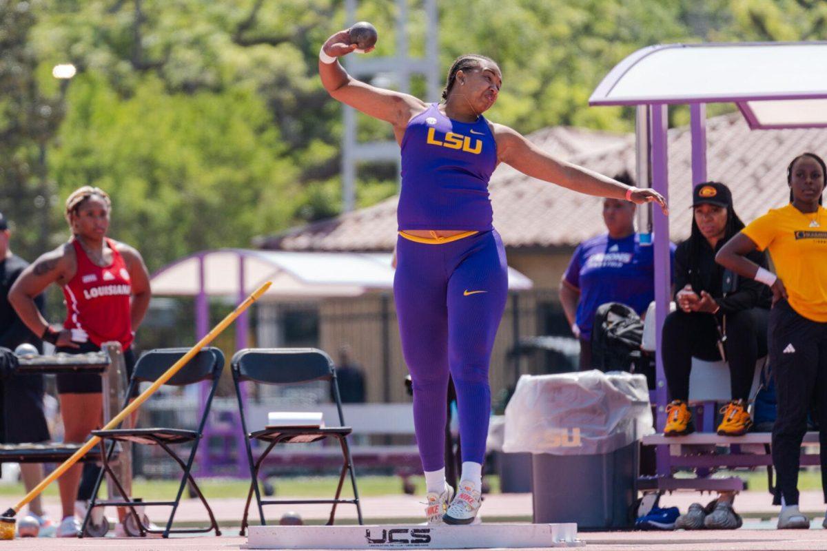 LSU track and field throws freshman Ambria Langley competes in shot put Saturday, March 23, 2024, during the Keyth Talley Invitational at the Bernie Moore Track Stadium in Baton Rouge, La.