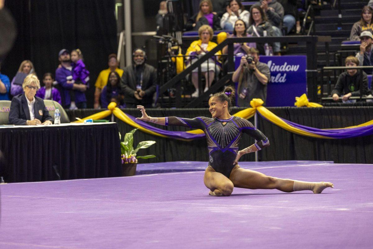 LSU gymnastics senior all-around Haleigh Bryant strikes her closing floor exercise pose Friday, March 1, 2024, during LSU's 198.325-197.325 win over Alabama in the Pete Maravich Assembly Center.