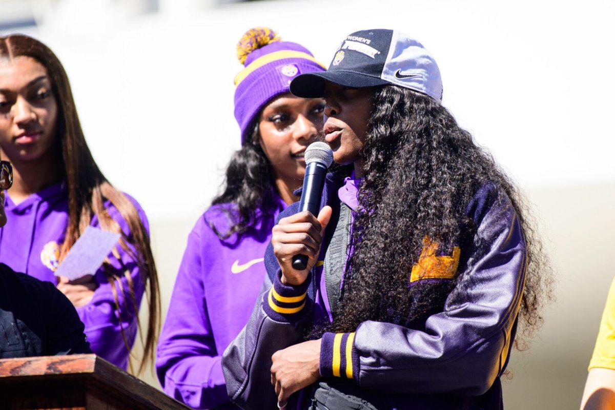 LSU women&#8217;s basketball sophomore guard Flau&#8217;jae Johnson speaks to the crowd on Wednesday, March 6, 2024, during LSU women&#8217;s basketball&#8217;s send off at the Pete Maravich Assembly Center in Baton Rouge, La.