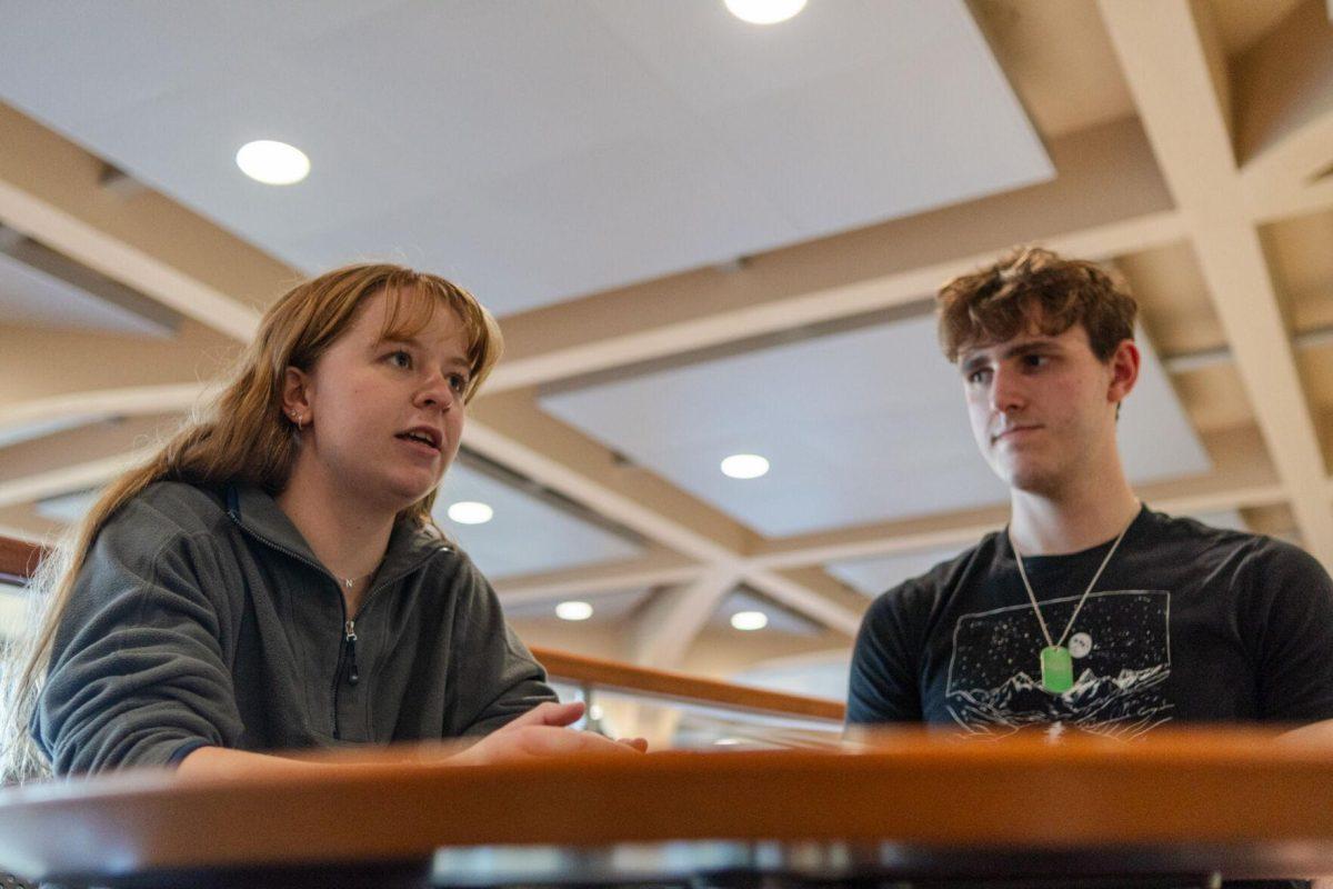 LSU mass communication junior Sydney Smith and political science junior John Michael Sweat answer interview questions Wednesday, March 6, 2024, inside the LSU Student Union in Baton Rouge, La.