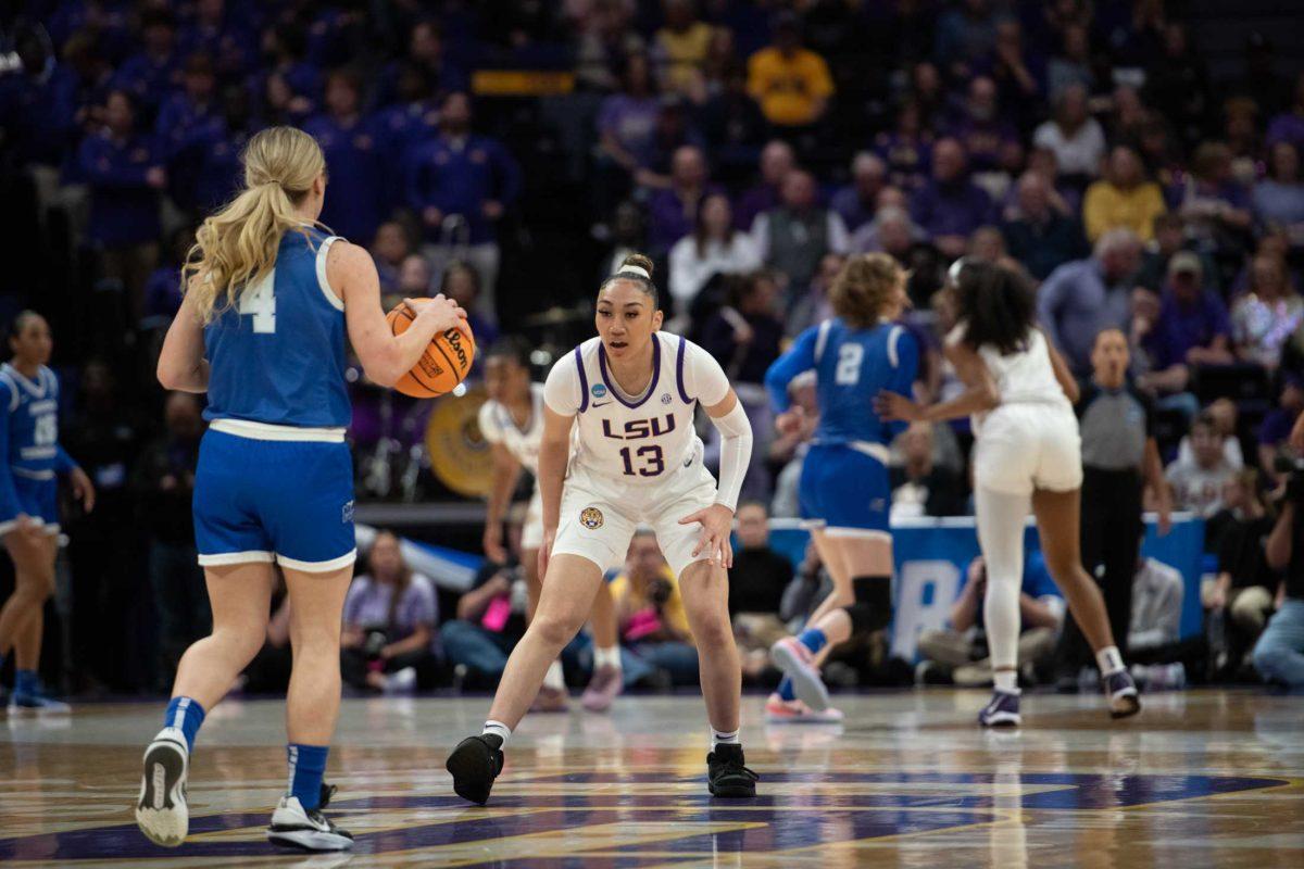 <p>LSU women’s basketball junior guard Lear-Tear Poa (13) eyes the ball Sunday, March 24, 2024, during LSU’s 83-56 second-round NCAA tournament win against Middle Tennessee at the Pete Maravich Center in Baton Rouge, La.</p>