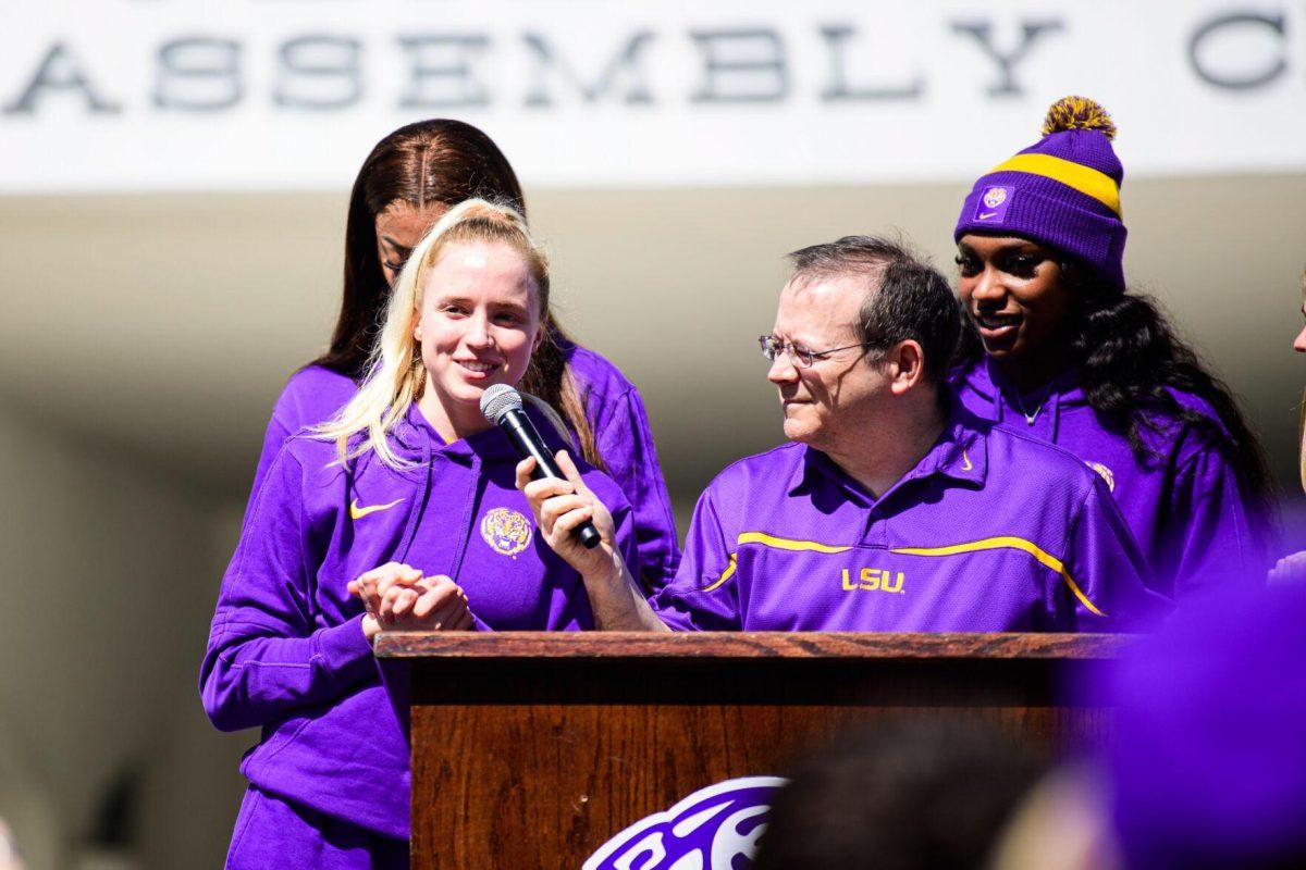 LSU women&#8217;s basketball graduate student guard Hailey Van Lith smiles on Wednesday, March 6, 2024, during LSU women&#8217;s basketball&#8217;s send off at the Pete Maravich Assembly Center in Baton Rouge, La.