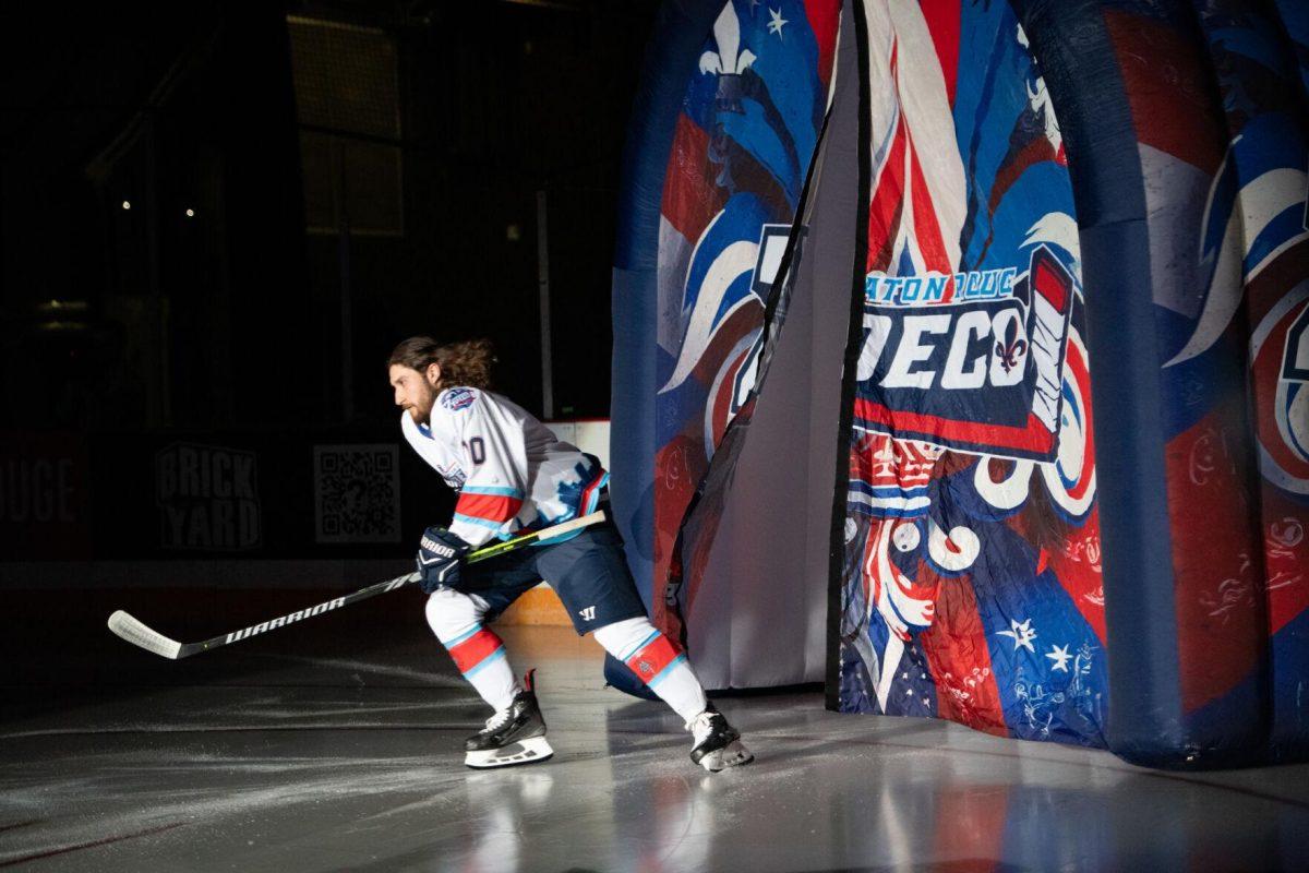 Baton Rouge Zydeco hockey rookie defenseman Michael Haskins (10) enters the rink Thursday, Feb. 29, 2024, before Zydeco's 5-3 win against the Carolina Thunderbirds at the Raising Canes River Center in Baton Rouge, La.