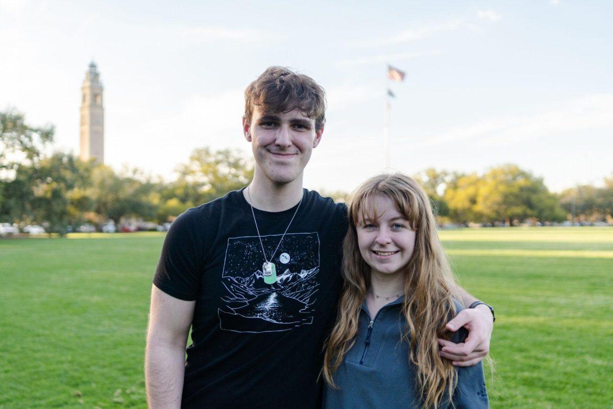 LSU mass communication junior Sydney Smith and political science junior John Michael Sweat pose for a photo Wednesday, March 6, 2024, on the LSU Parade Ground in Baton Rouge, La.