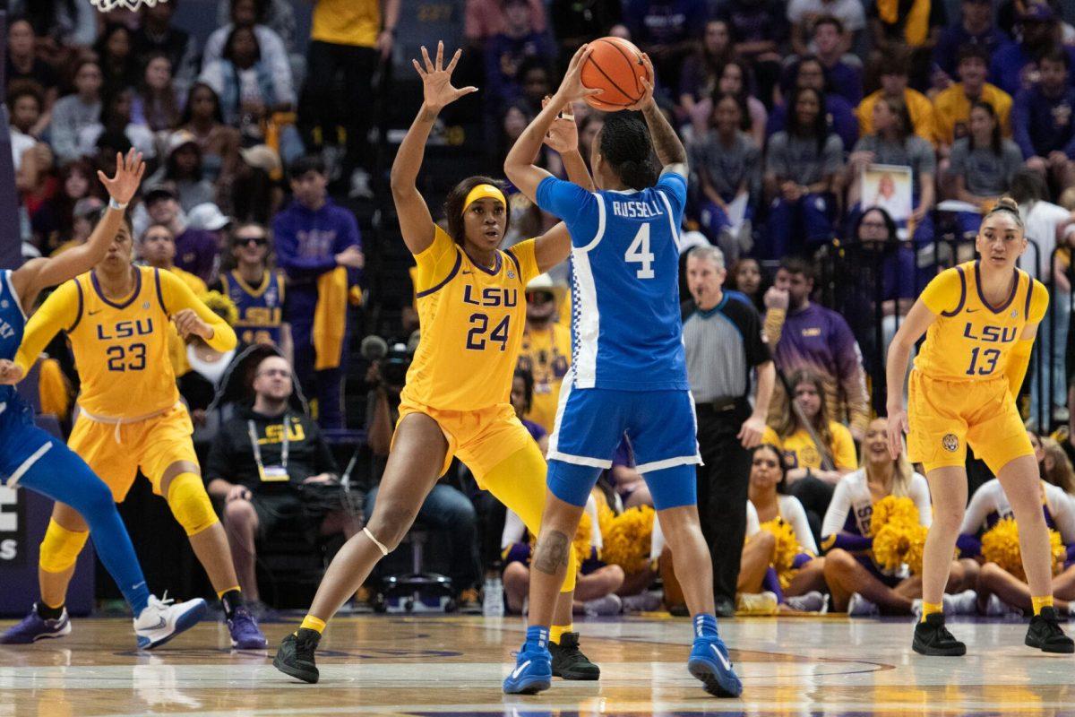 LSU women's basketball junior guard Aneesah Morrow (24) blocks Sunday, March 3, 2024, during LSU&#8217;s 77-56 win against Kentucky at the Pete Maravich Assembly Center in Baton Rouge, La.