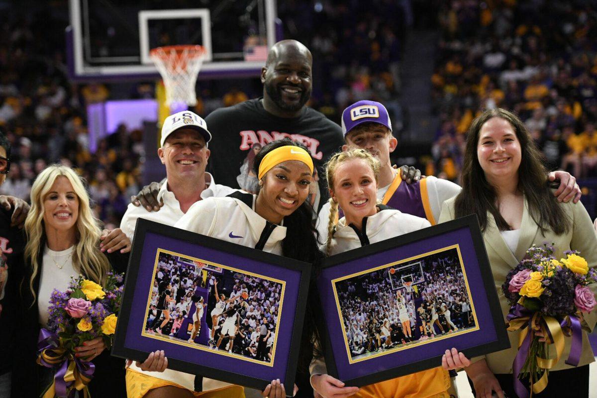 LSU women&#8217;s basketball junior forward Angel Reese (10) and graduate student guard Hailey Van Lith (11) pose for a photo at halftime Sunday, March 3, 2024, during LSU&#8217;s&#160;77-56 win against Kentucky at the Pete Maravich Assembly Center in Baton Rouge, La.