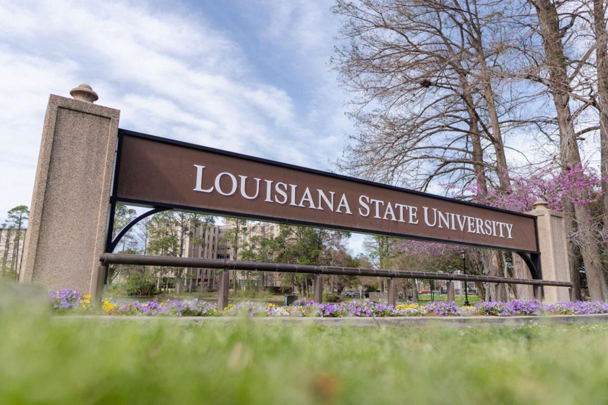 The Louisiana State University sign stands Sunday, March 10, 2024, on South Stadium Drive in Baton Rouge, La.