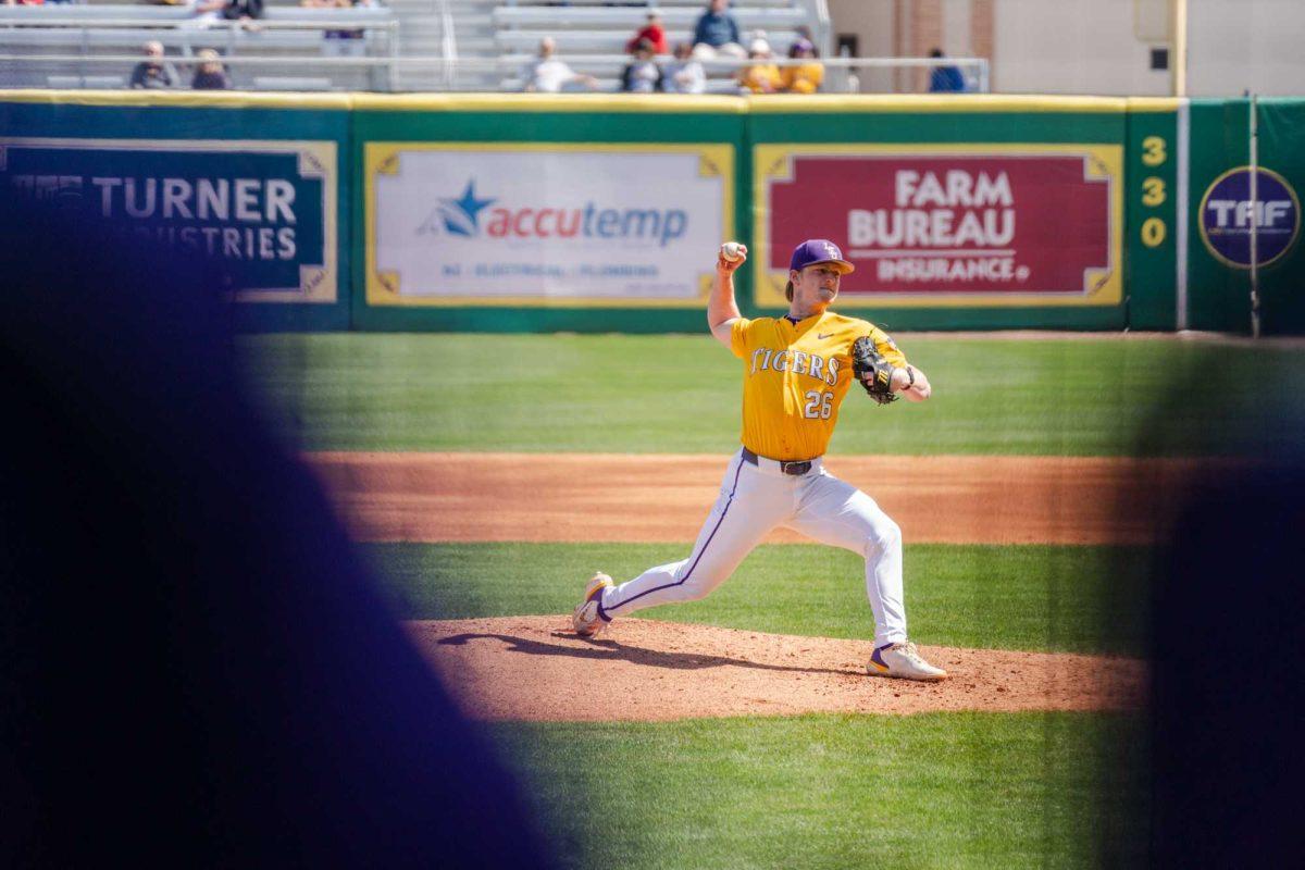 LSU baseball junior pitcher Thatcher Hurd (26) throws the ball Sunday, March 10, 2024, during LSU's 2-1 loss to Xavier in Alex Box Stadium in Baton Rouge, La.