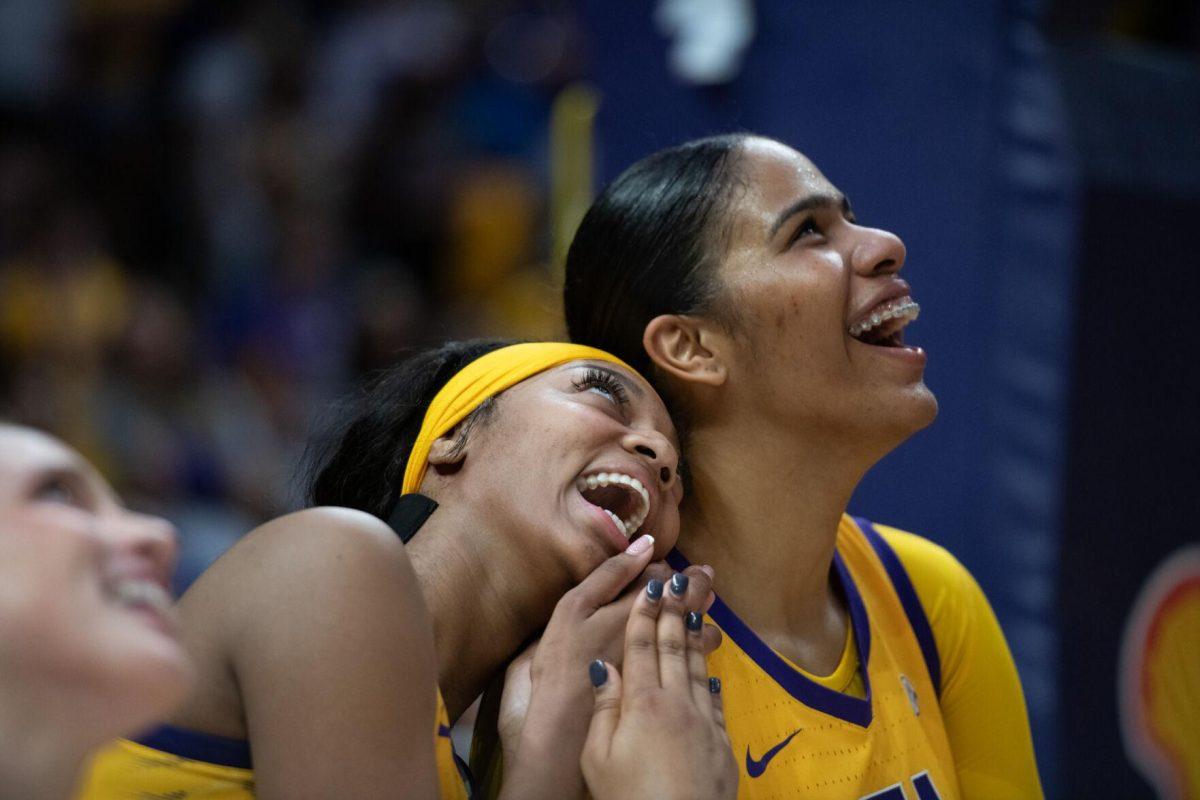 LSU women's basketball junior forward Angel Reese (10) leans on freshman center Aalyah del Rosario (23) Sunday, March 3, 2024, after LSU&#8217;s 77-56 win against Kentucky at the Pete Maravich Assembly Center in Baton Rouge, La.