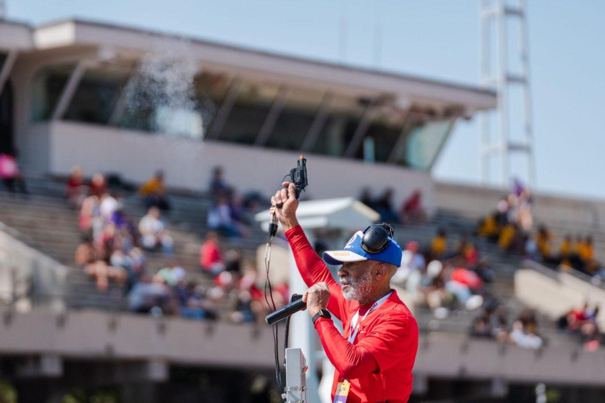 The starting gun goes off Saturday, March 23, 2024, during the Keyth Talley Invitational at the Bernie Moore Track Stadium in Baton Rouge, La.