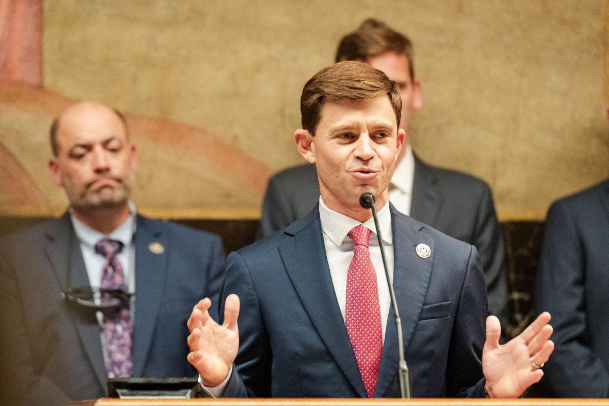 Louisiana Coastal Protection and Restortation Authority Executive Director Glenn Ledet Jr. speaks at the podium Monday, March 25, 2024, during Coastal Day 2024 at the State Capitol in Baton Rouge, La.