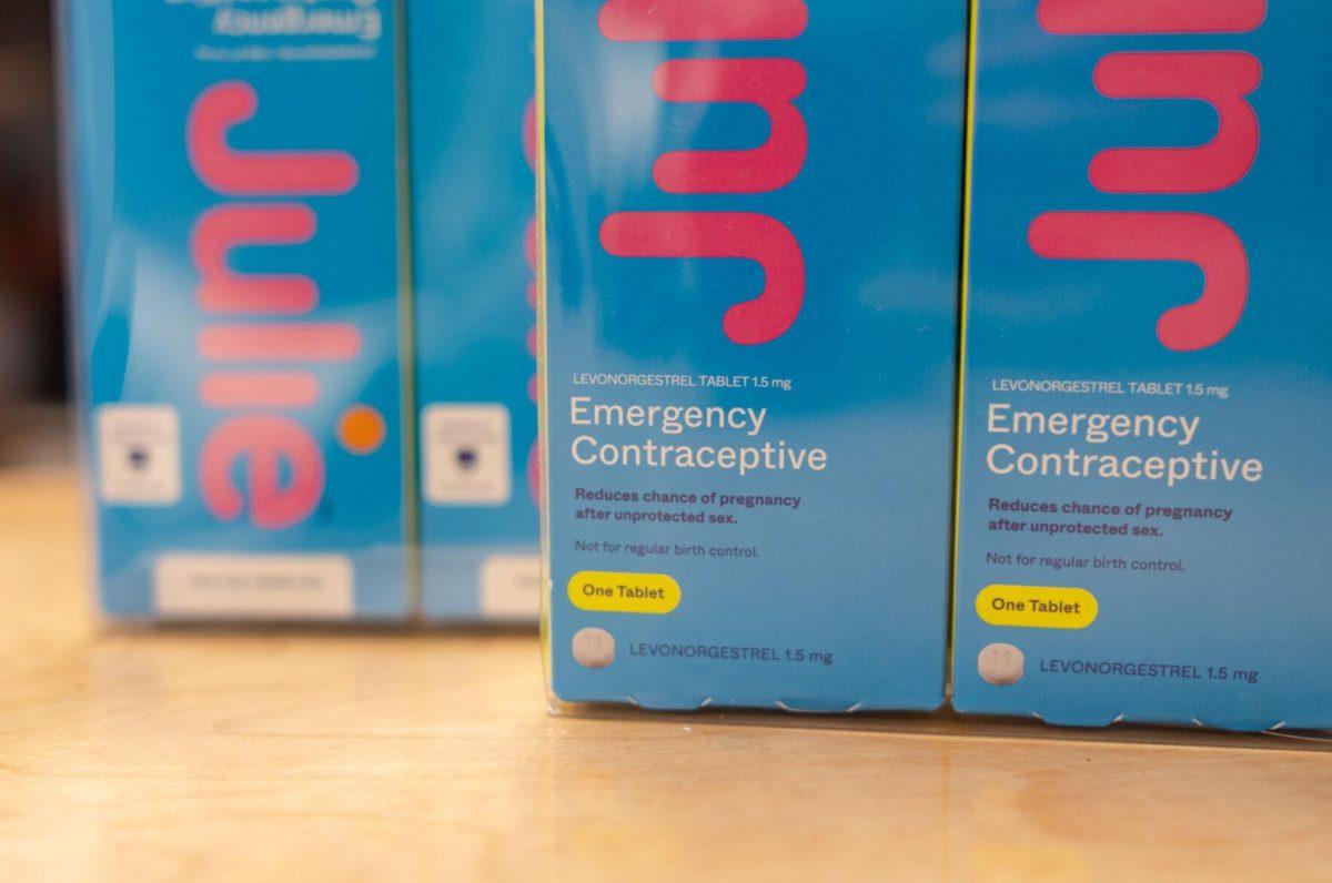 Several packages of emergency contraceptives sit on a table Thursday, March 21, 2024.