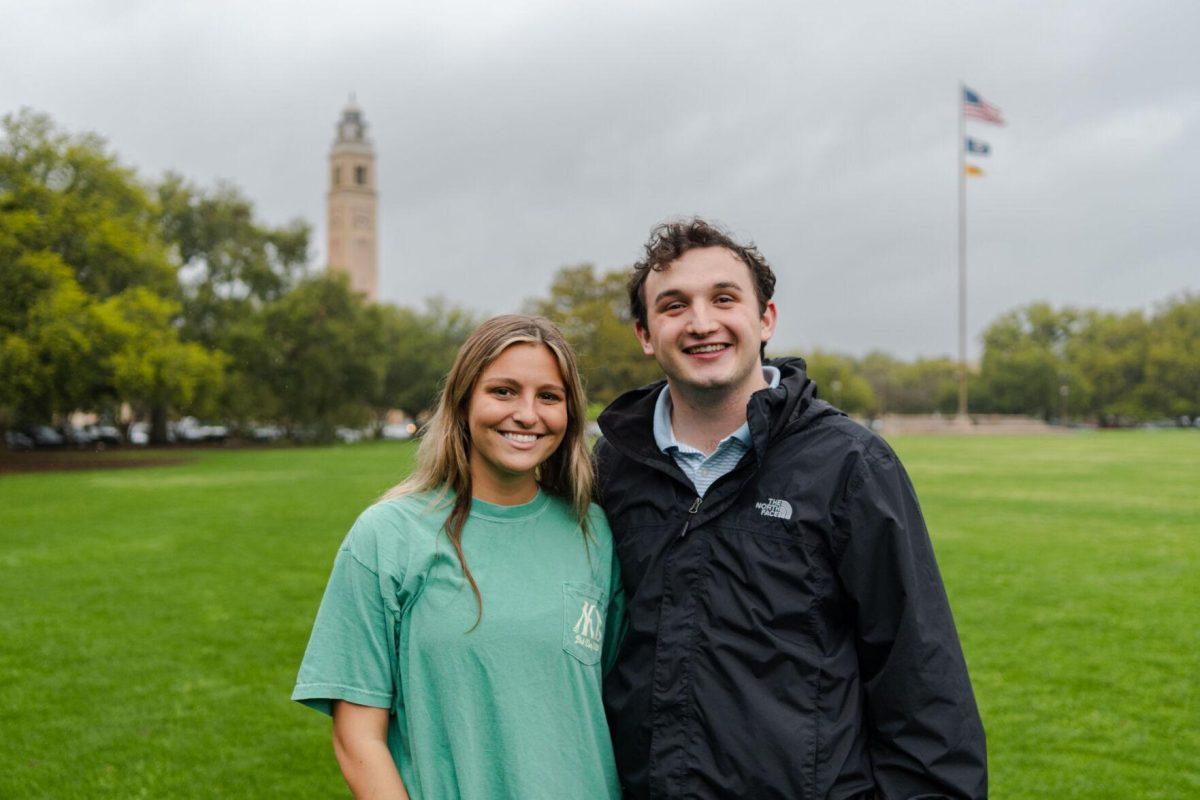 LSU sophomores Amelia Carman and Joseph Liberto pose for a photo Friday, March 8, 2024, on the LSU Parade Ground in Baton Rouge, La.