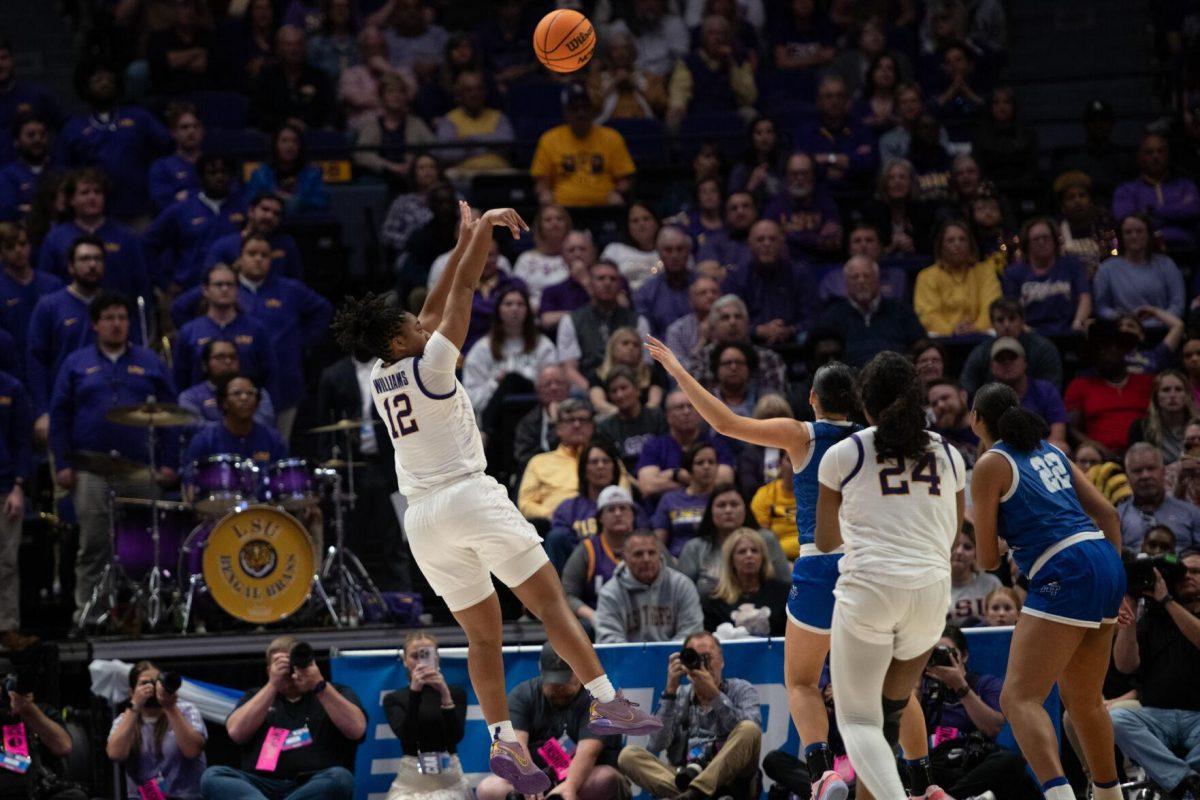 LSU women&#8217;s basketball freshman guard Mikaylah Williams (12) shoots Sunday, March 24, 2024, during LSU&#8217;s 83-56 second-round NCAA tournament win against Middle Tennessee at the Pete Maravich Center in Baton Rouge, La.