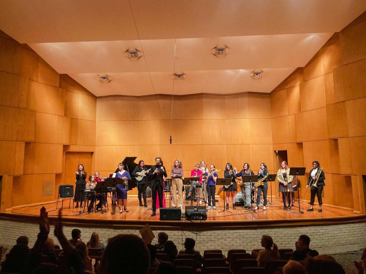 Professor Molly Redfield speaks to the audience Friday, March 1, 2024, at the LSU Music building in Baton Rouge, La.