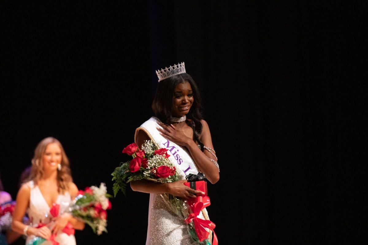 LSU kinesiology sophomore Nikhia Sims happily cries after winning Sunday, March 24, 2024, during Delta Zeta's Miss LSU 2024 Pageant in the Union Theater in Baton Rouge, La.